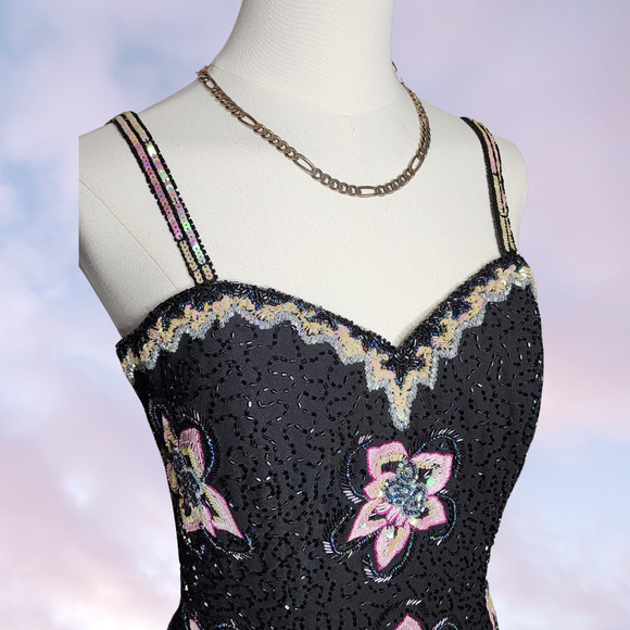 Vtg Y2k Beaded Fairy Formal Floral Black Pink Spaghetti Strap Corset Tank Top - Picture 4 of 9